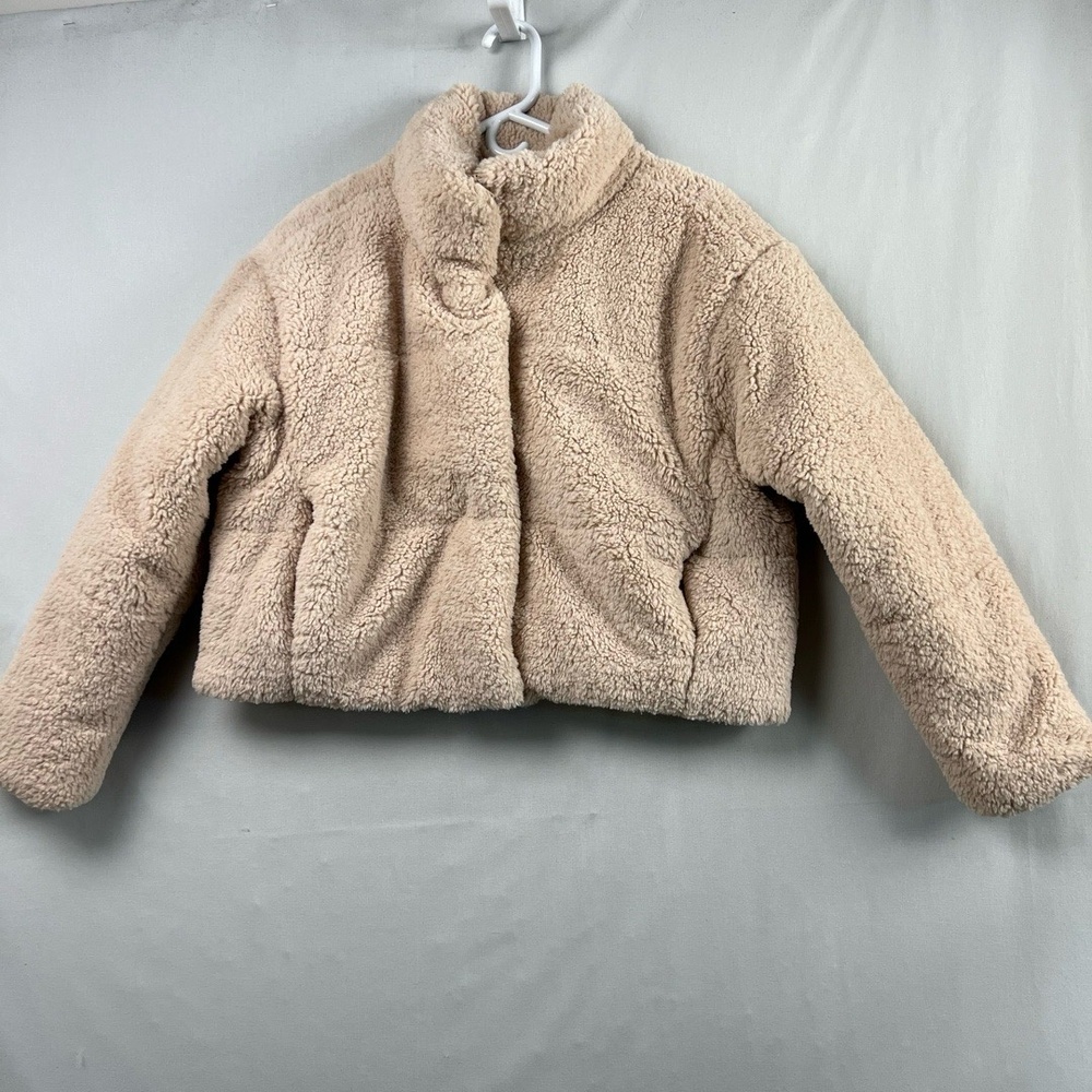 Mark Edwards Studio Faux Fur Jacket Womens Medium Beige Sherpa High Neck Fuzzy